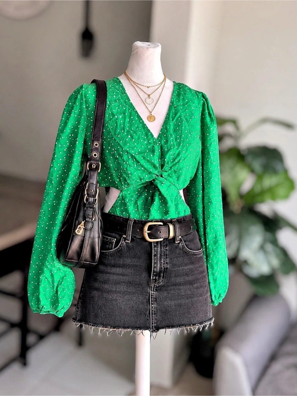 A New Day XL Polka Dot Cutout Tie Front Puff Sleeve Blouse Top